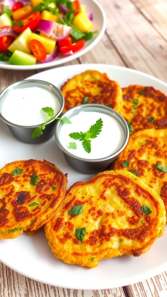 Crispy vegetable fritters on a plate with yogurt sauce and fresh herbs.